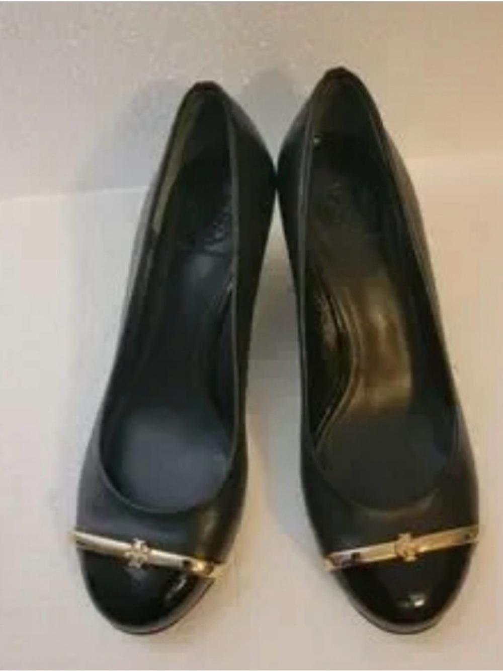 Tory Burch Black Patent Leather Peep-Toe Pumps with Gold Bar
